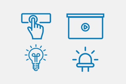 Finger and button, web screen, light bulb, alarm icon