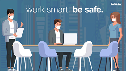 Illustration of workers with masks on. Image text: Work smart. Be safe.