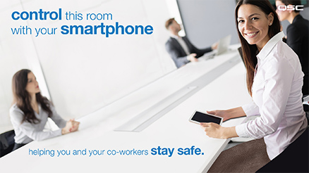 Woman on phone. Image text: control this room with your smartphone, helping you and your co-workers stay safe.